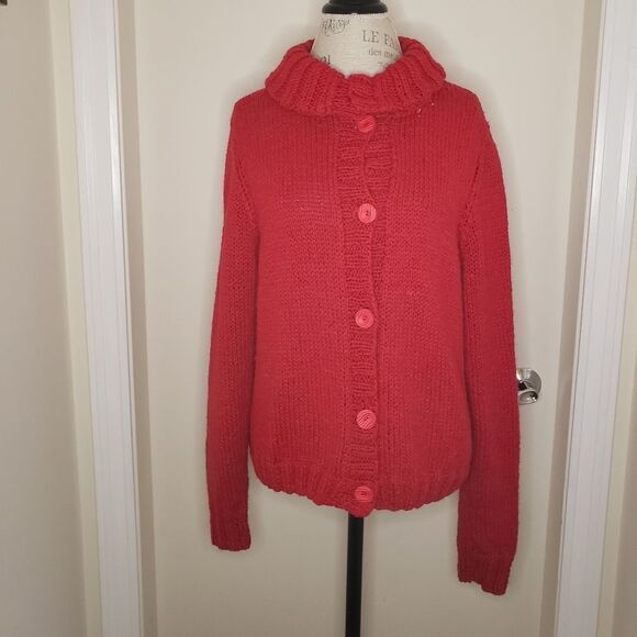 hand knit cherry red cardigan sweater - Picture 2 of 9